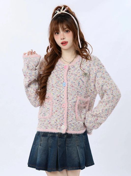 ENJOG Korean Color Cropped Knitted Cardigan Women's Spring 2024 Lazy Loose Jacket Small Man Sweater