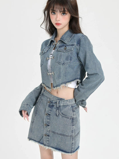 American Retro Denim Short Jacket + Skirt