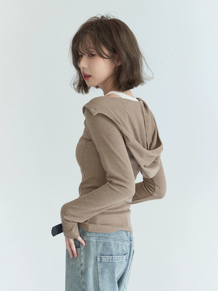 Shoulder Button Hooded Slim Top