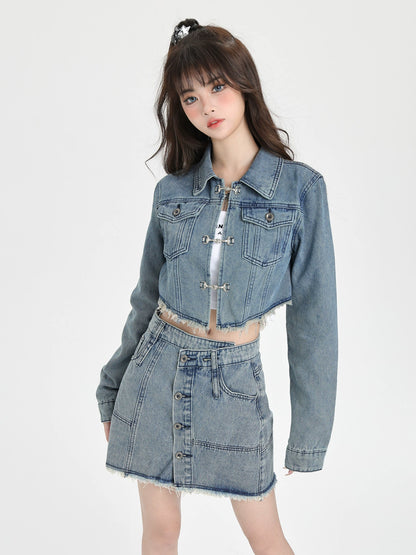 American Retro Denim Short Jacket + Skirt