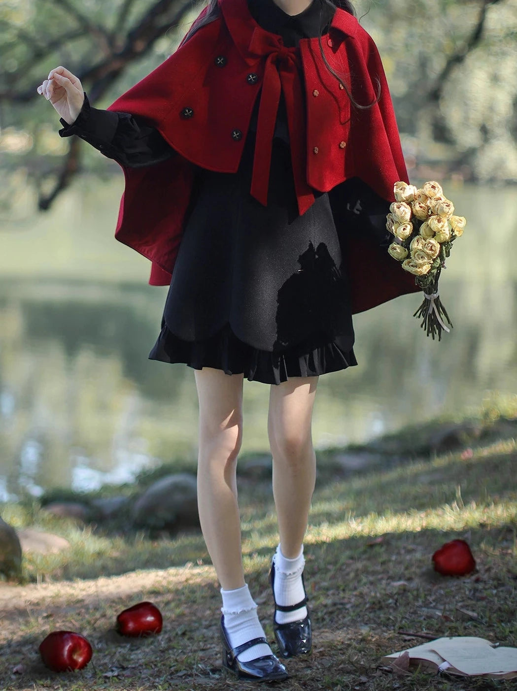 black dress with red cape Black Palestinian Embroidery Gown with Cape