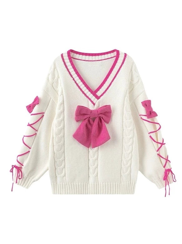 Contrast Color V-Neck Lace-Up Knit + Leg Warmers