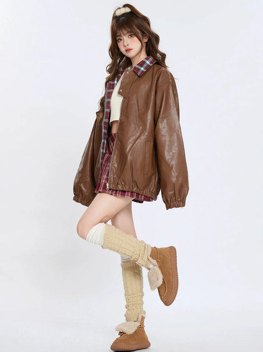 ENJOG Maillard Plaid Brown Leather Jacket Women's Autumn American Vintage Loose Niche Lapel Jacket