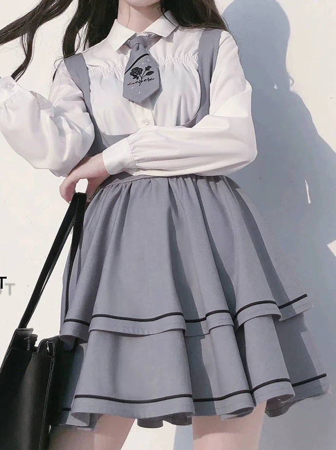 Wild Berry Cake Set puff sleeve shirt + long sleeve shirt + suspender tutu skirt + tie