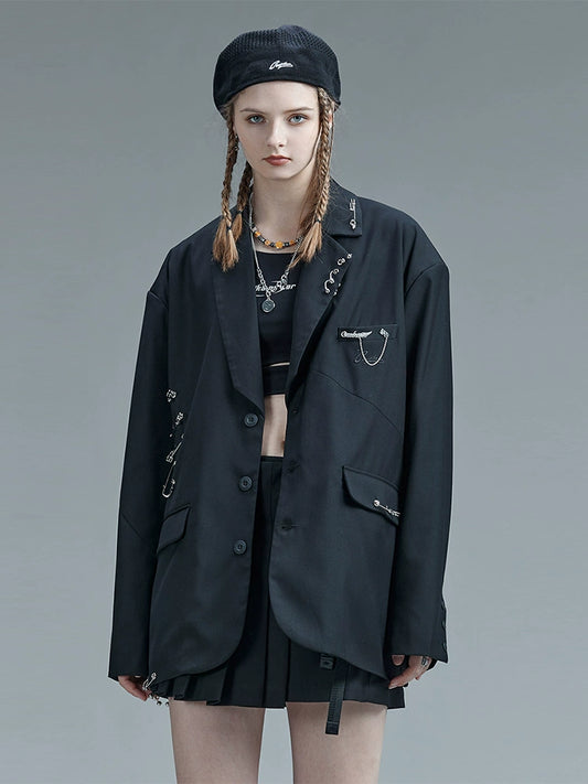 guuka black casual suit jacket female autumn and winter hip-hop couple hole pin niche suit jacket loose