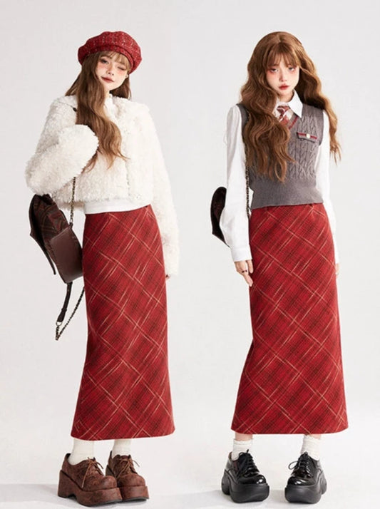 Red Checked Wool Long Skirt