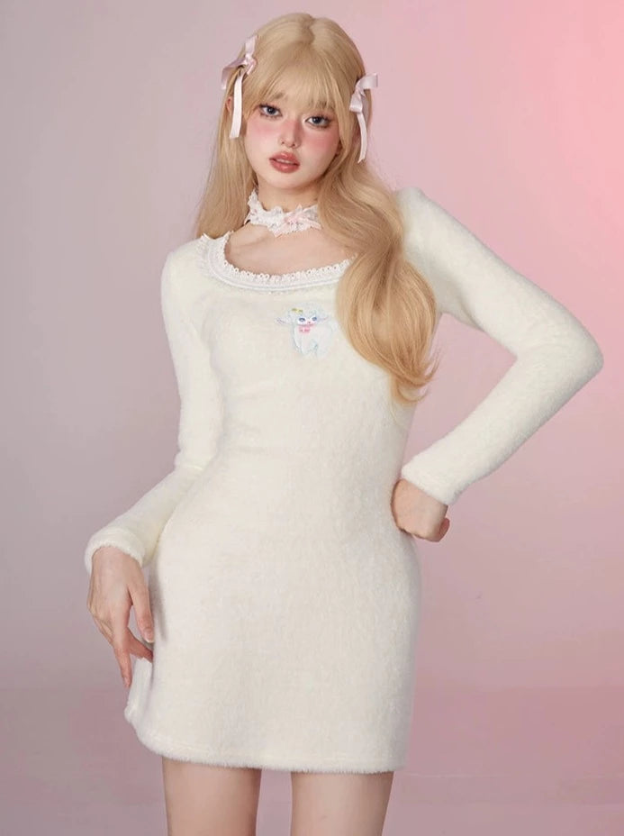 Mink Fur U-Neck Inner Bottom Knit Dress