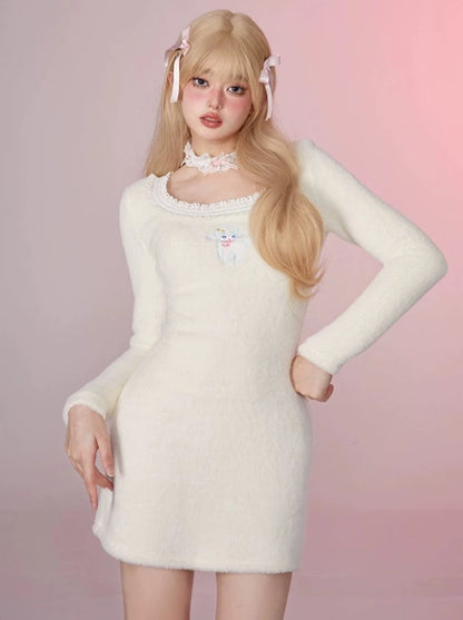 Mink Fur U-Neck Inner Bottom Knit Dress