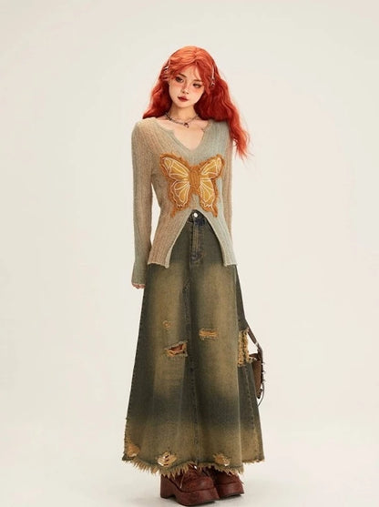 Retro color ripped denim A-line long skirt