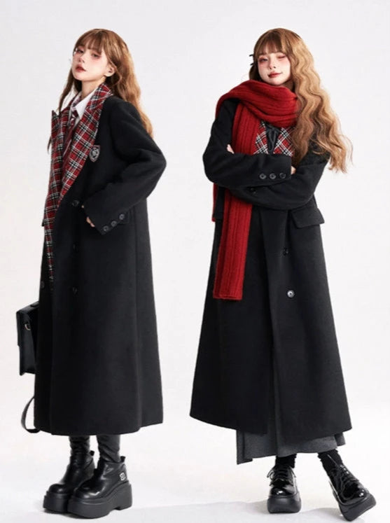 Black Wool Check Tailored Collar Chester Coat