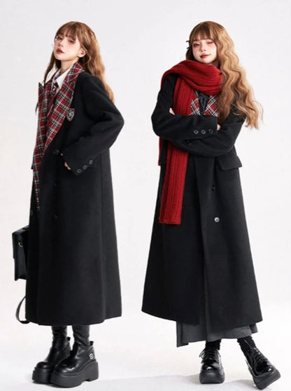 Black Wool Check Tailored Collar Chester Coat