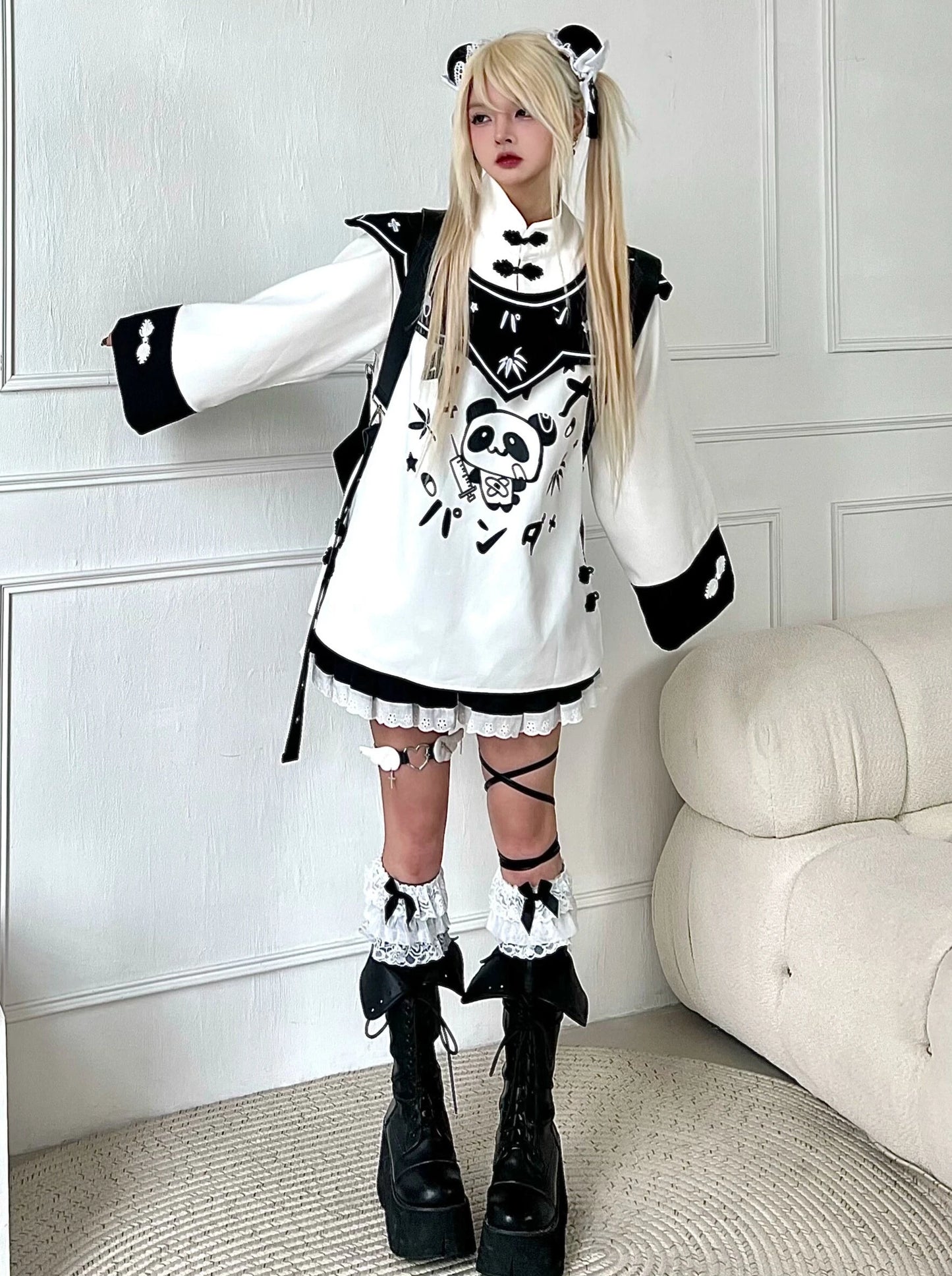 Next Era/Original Chinese Panda Two-Yuan Heavy Industry Embroidery False Collar Chinese Disc Buckle Loose and Cute Long Sleeves