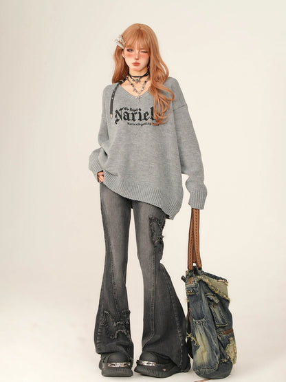 Lazy Style Letter V-Neck Loose Knit [Reserved Item