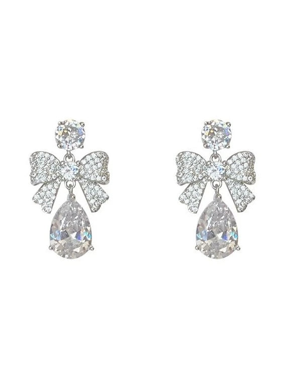 Sweet Girl Zircon Silver Ribbon Earrings