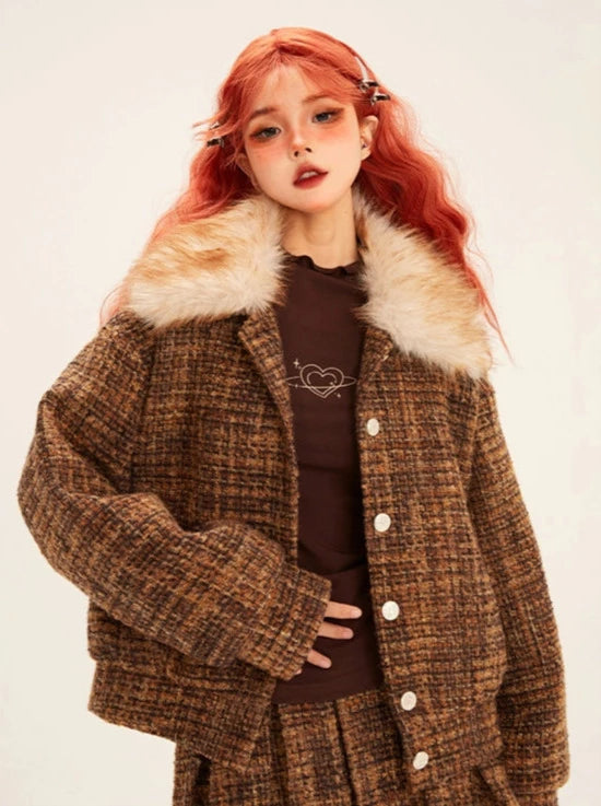 College Style Suit Fur Collar Brown Check Jacket + Pleated Skirt