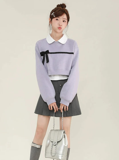 White shirt + ribbon design short sweatshirt sweatshirt