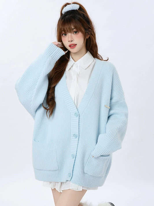 ENJOG cream blue sweater jacket women's spring new versatile loose design slouchy style knitted cardigan