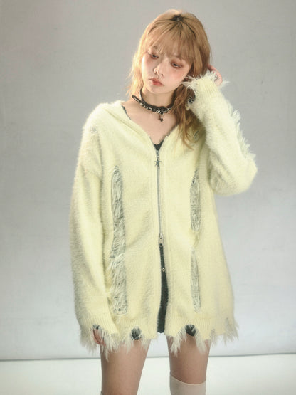 Bunny-Ear Hooded Ripped Shaggy Fur Knit Cardigan