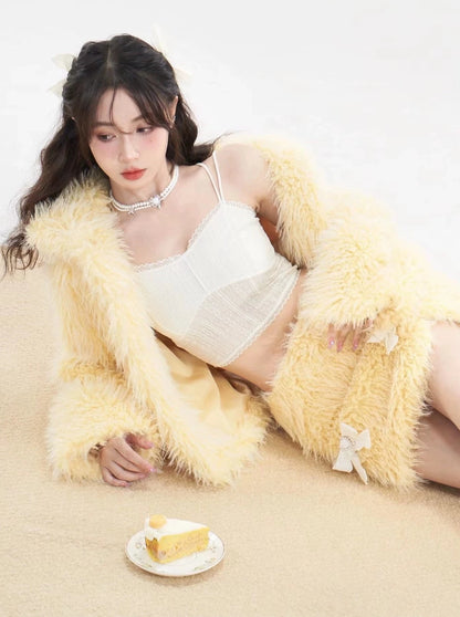 Milky Yellow Fur Coat + Fur Ribbon Skirt