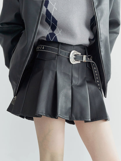 Mode Pleated Leather Short Skirt