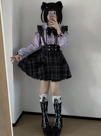 Landmine off -shoulder ribbon blouse + check suspender skirt