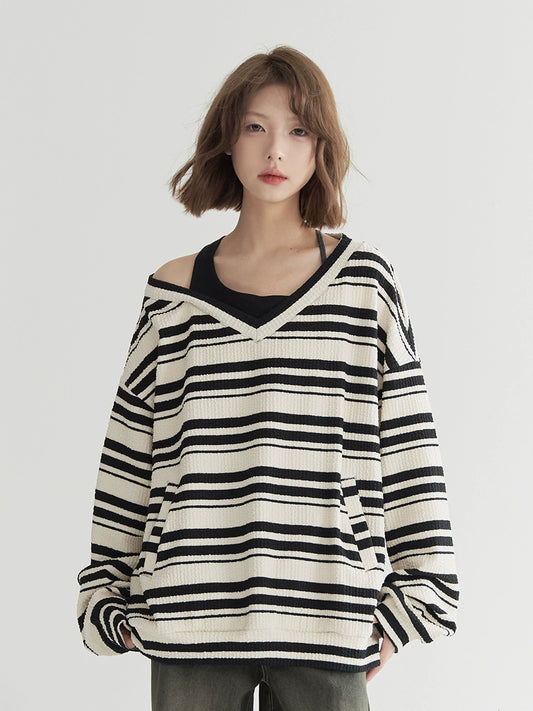 Museum of Gravity fake two striped long sleeve t-shirt women's spring 2024 new loose design top