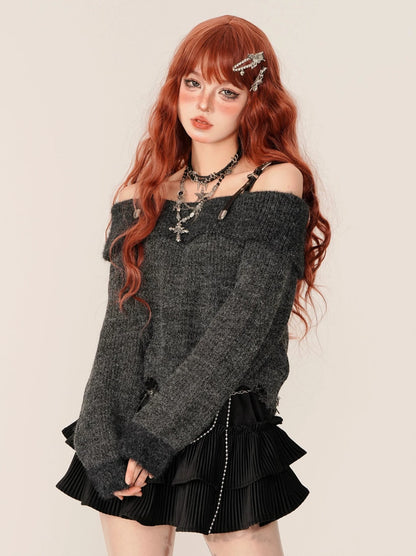 Lazy style off -shoulder spicy strap knit [Reservation product]