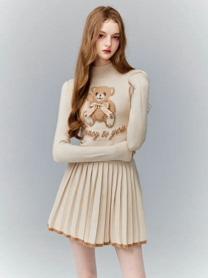 Sweet Bear Tight High Neck Tops + Pleated Skirt