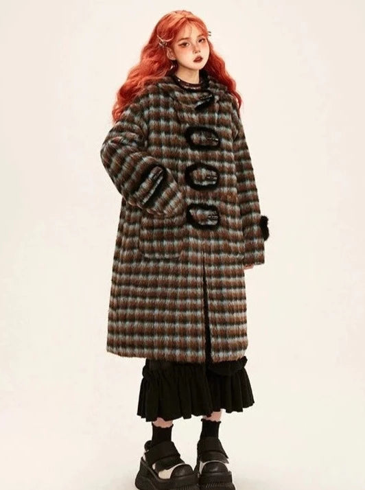 High End Foodie Loose Check Double Face Wool Coat