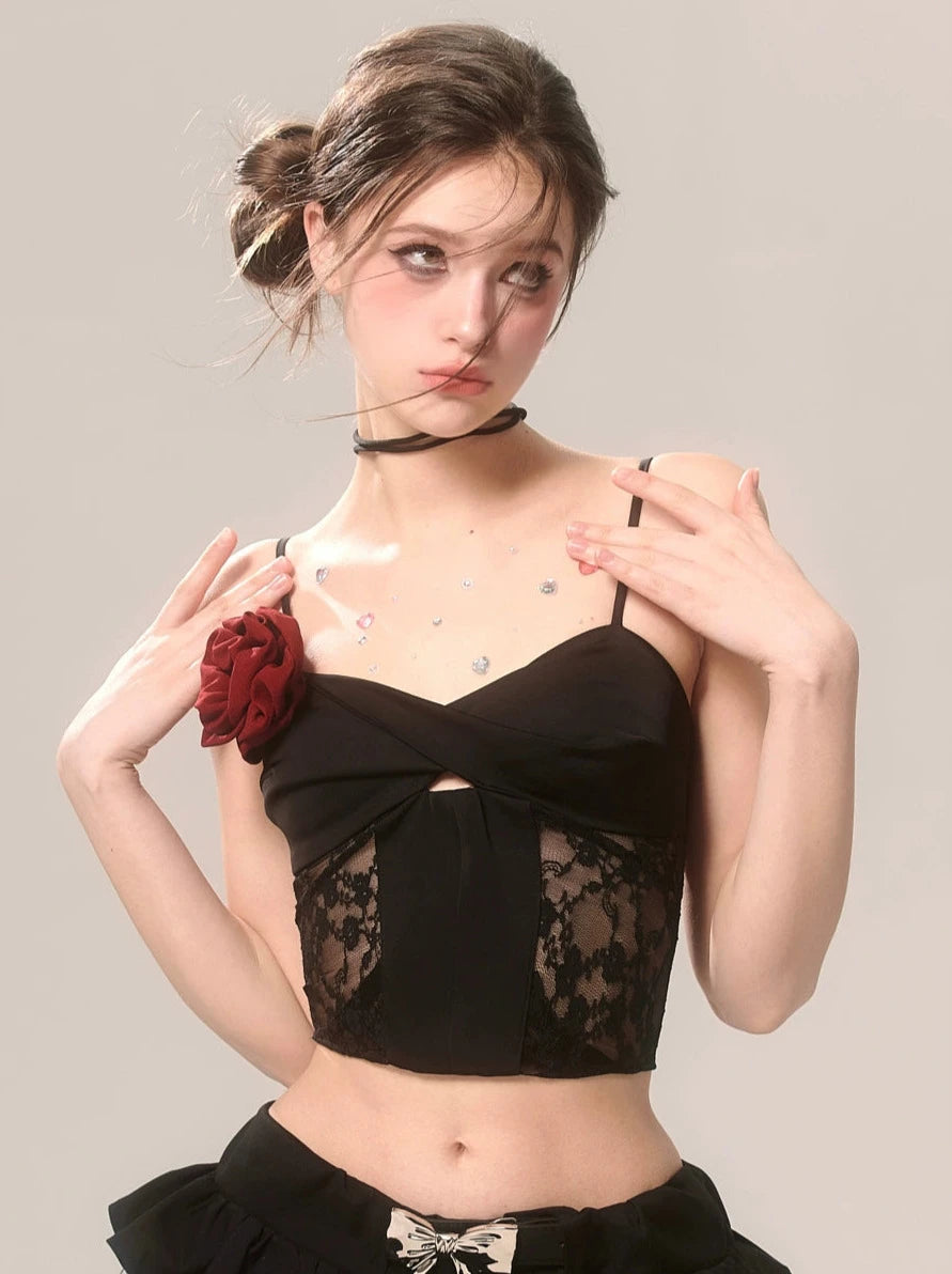 Rose Black French Lace Suspender Short Top [Reserved Item