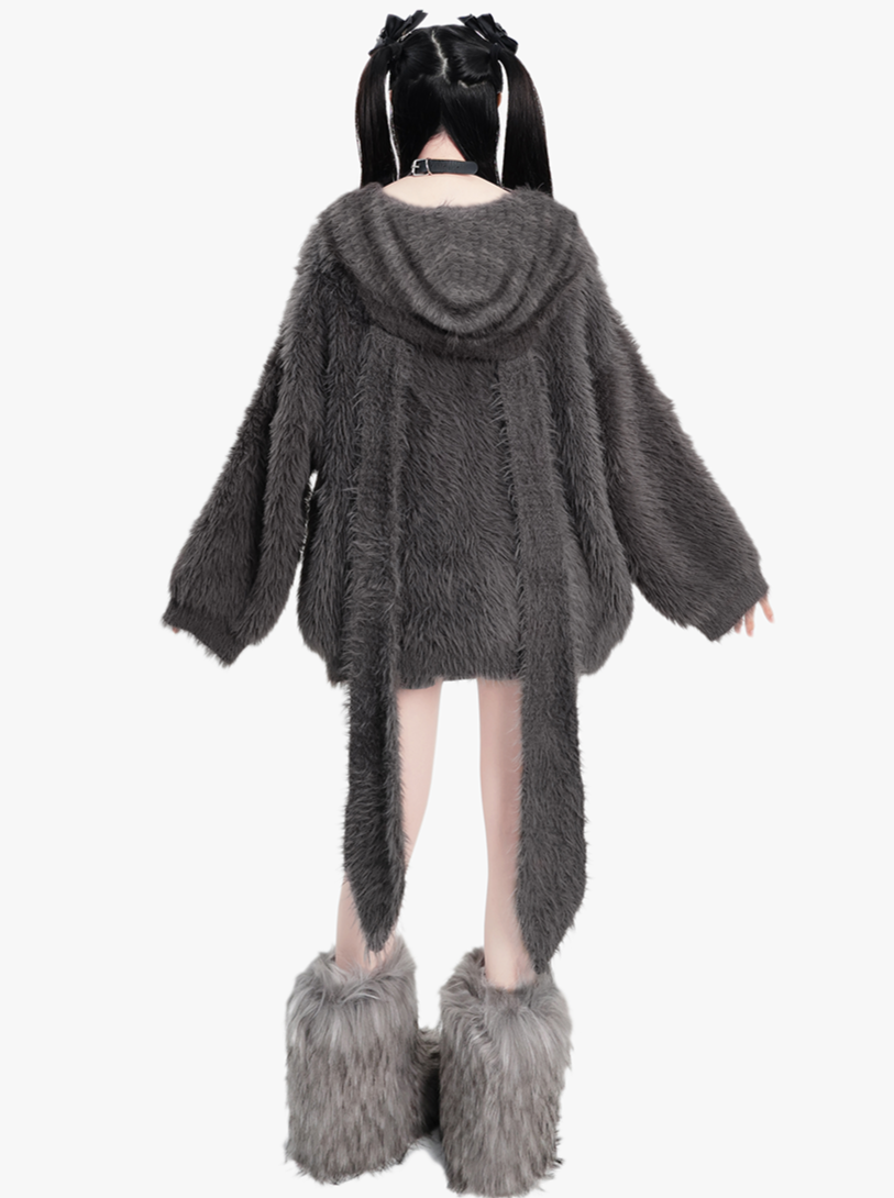 Rabbit Hooded Shaggy Lace-up Knit Cardigan