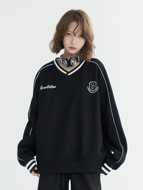 Flocked V-Neck Loose Casual Sporty Top