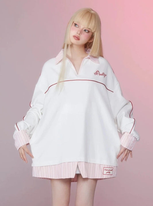 ストライプカラーブロックラペルトップオーバーサイズトレーナー