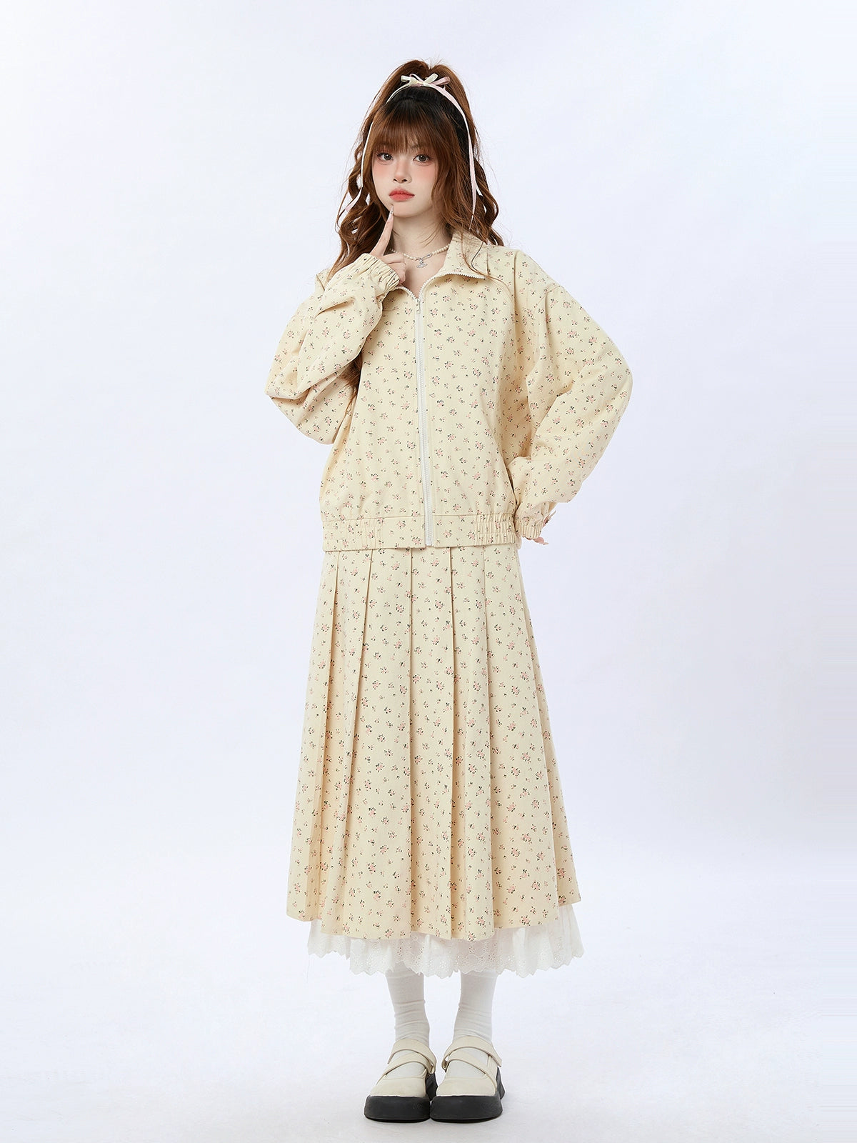 Small Rollal Zip Jacket + Lace Pleated Skirt [Short/Long