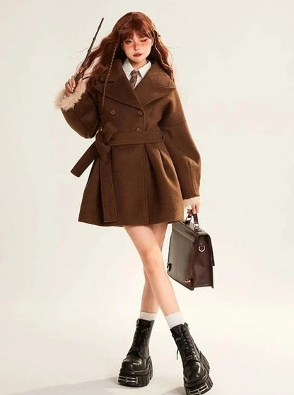 Fur Sleeve New Style Stitch Brown Wool Coat