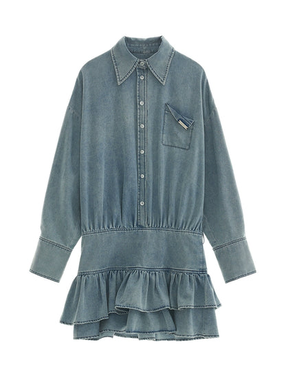 Retro Denim Ruffle Flared Shirt Dress