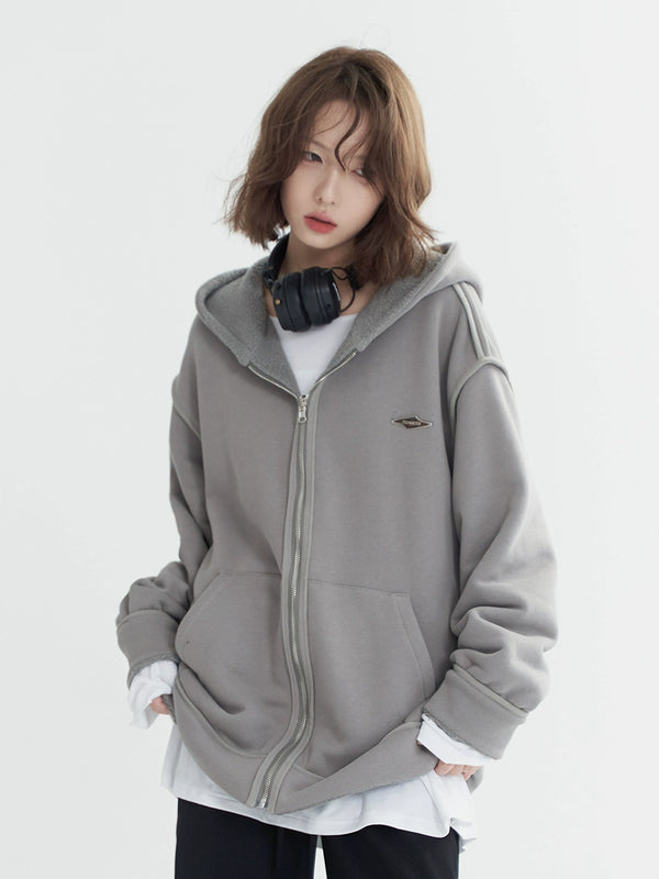 One Point Design Loose Hood Zip-Up Hoodie