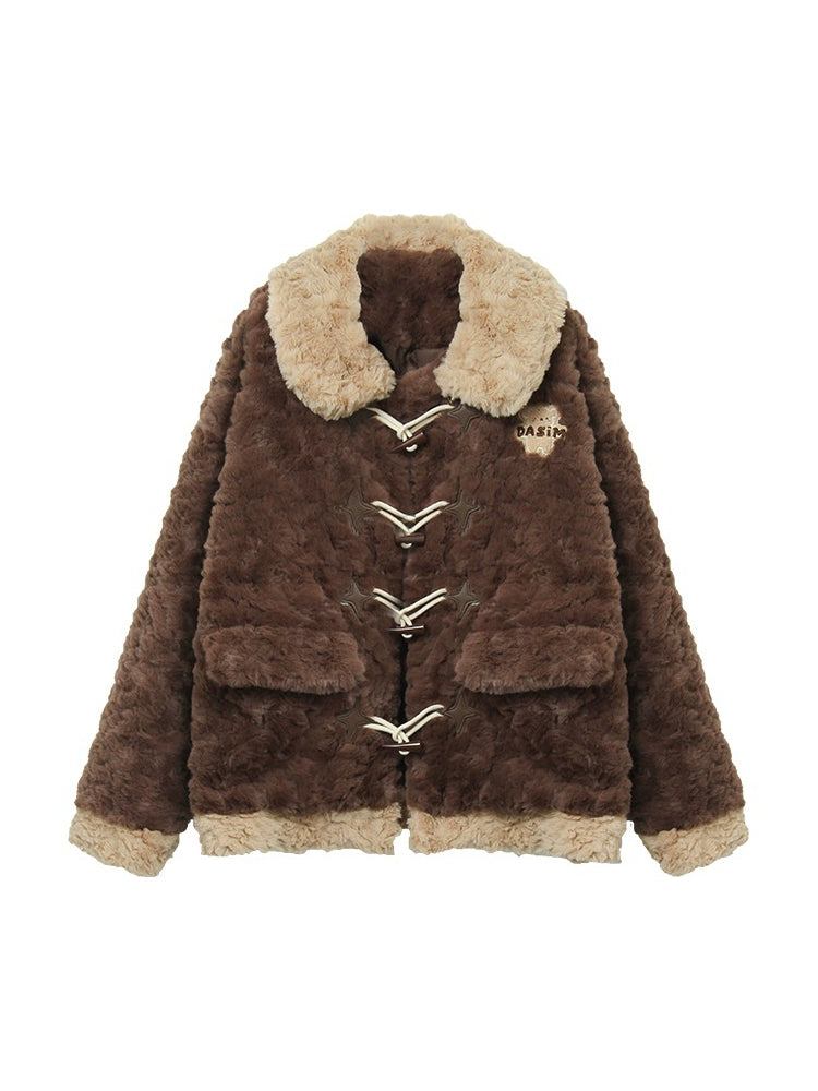 Horn Button Fluffy Fur Boa Coat