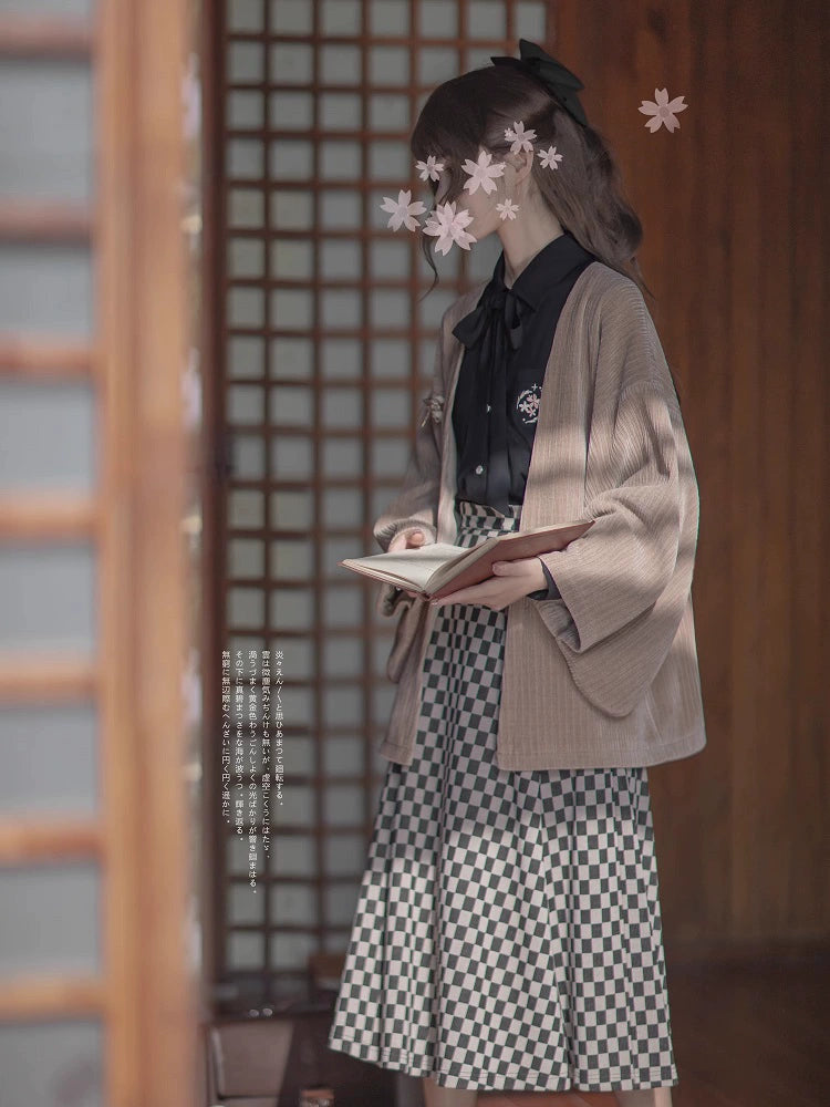 cherry note Showa retro feather jacket + chiffon ribbon shirt + checkered skirt + dark gray skirt + brooch