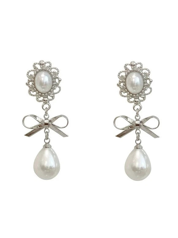 Elegant Girl Pearl Ribbon Earrings