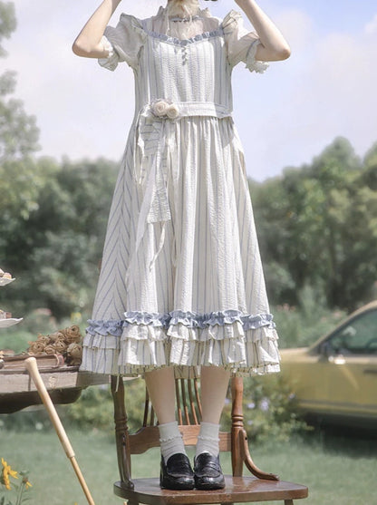 Sheer Lace Puff Sleeve Inner Shirt + Ruffled Shoulder Striped Fairy Dress + Handmade Corsage