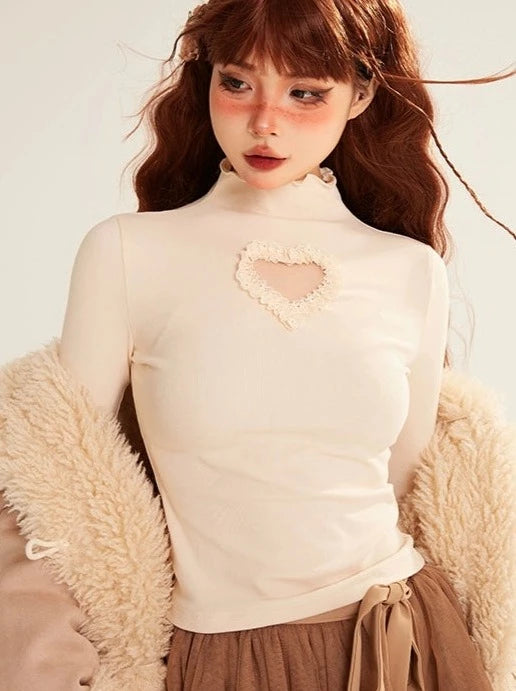 4-Color Love Lace High Neck Ruffle Top