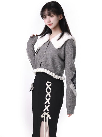 Rabbit Far Color Pearl Buckle Frilling Short Cardigan + Mermaid Slit Skirt