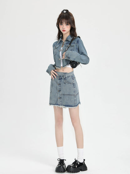 American Retro Denim Short Jacket + Skirt