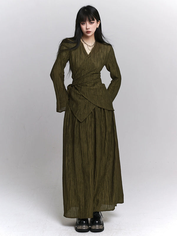 Dark retro waist top + loose long skirt