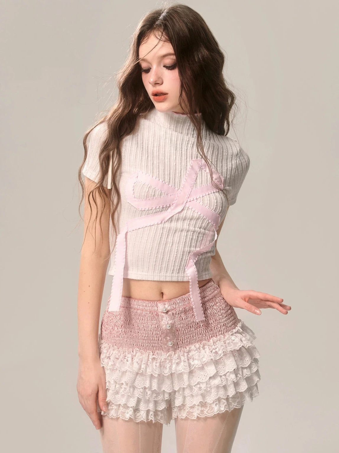 Pink White Part Lace A-Line Cake Skirt [Shorts Style