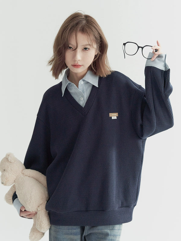 One Point Design Faux Two Piece Shirt Sweatshirt