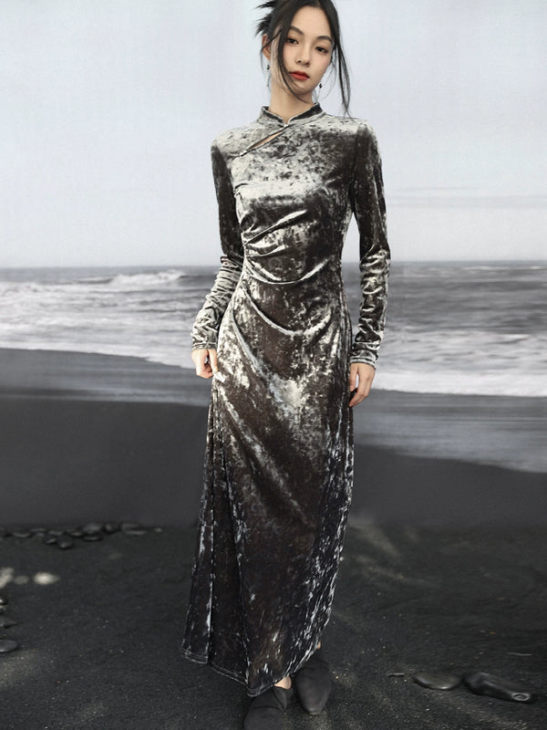 チャイナゴールドダイヤモンドベルベットドレス