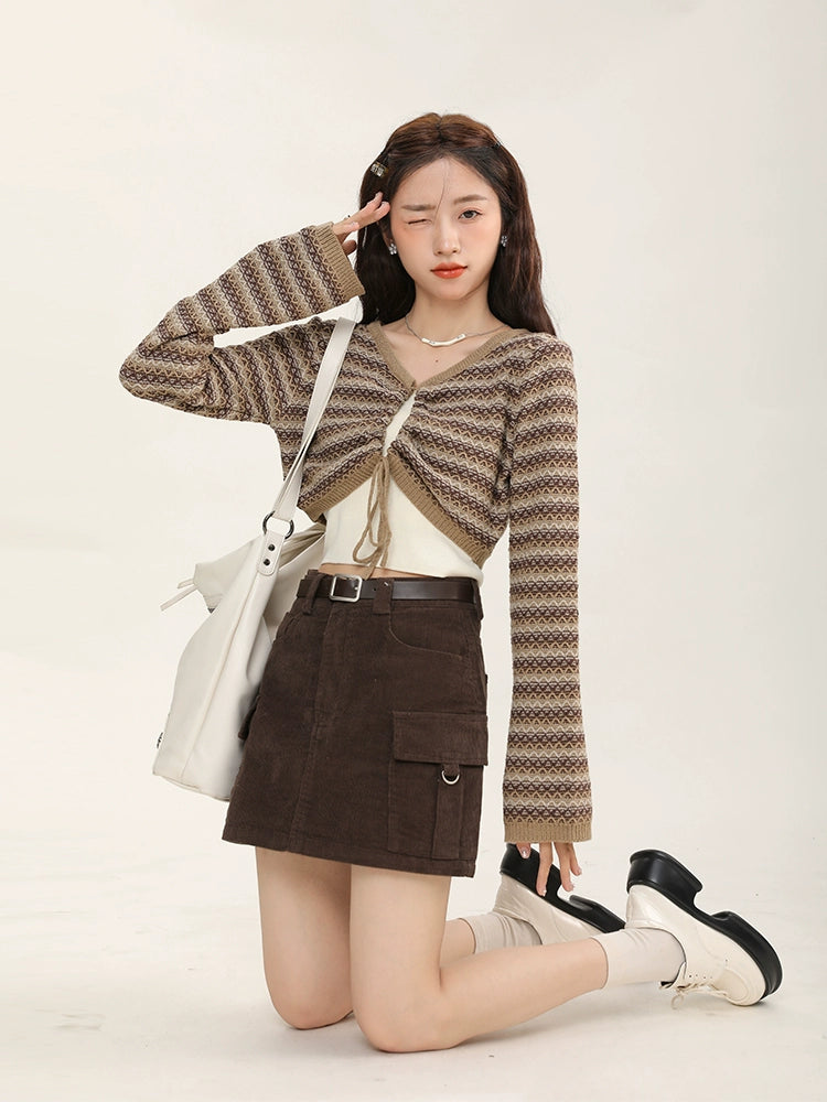 Retro Cargo Black Corduroy Short Skirt