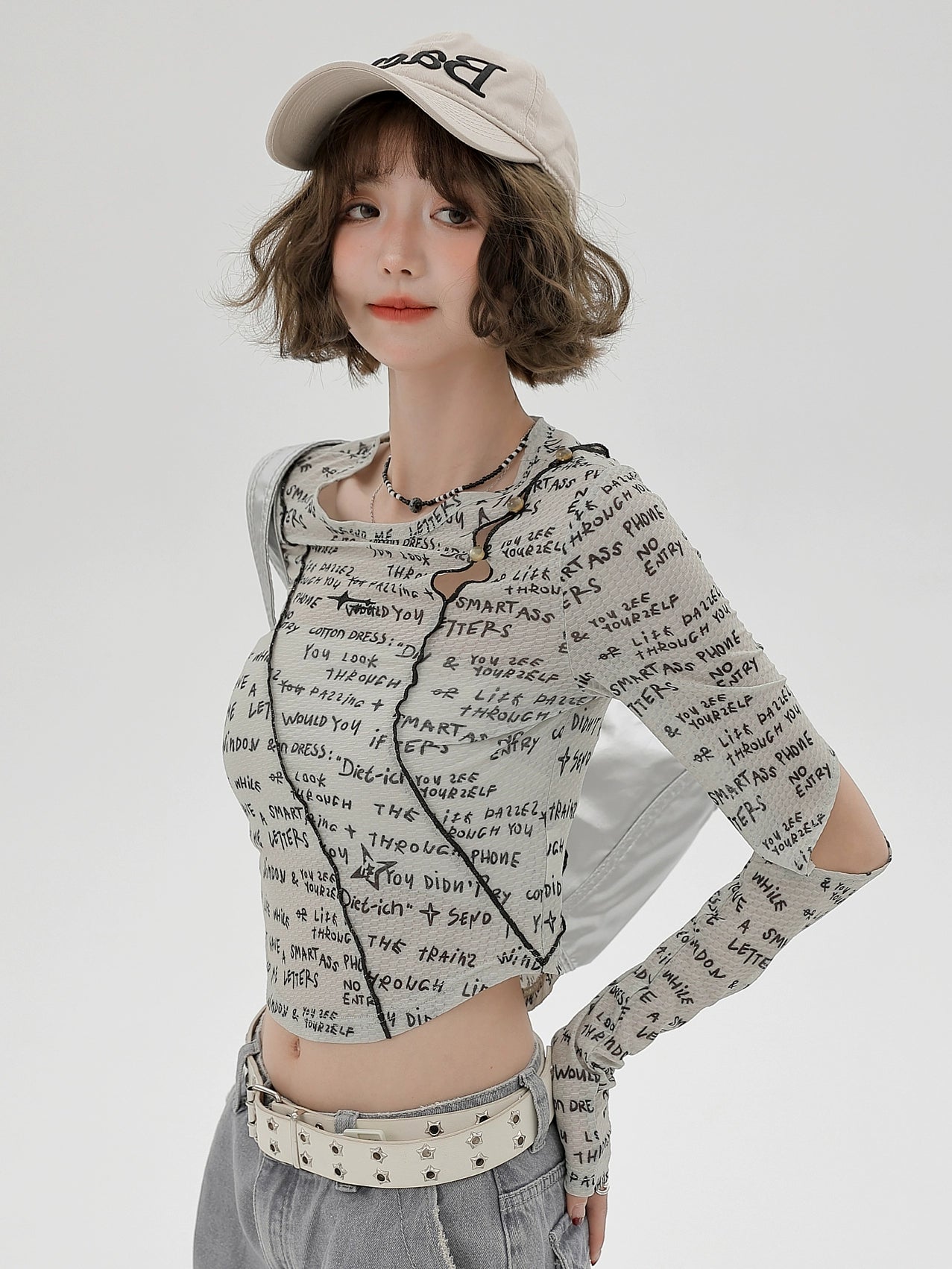 Letter Print Split Sleeve Short Slim Top